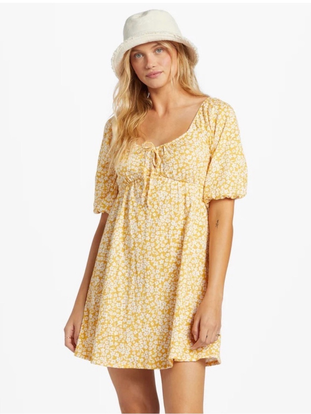 Billabong Yellow Floral Tie-Front Puff-Sleeve Mini Dress